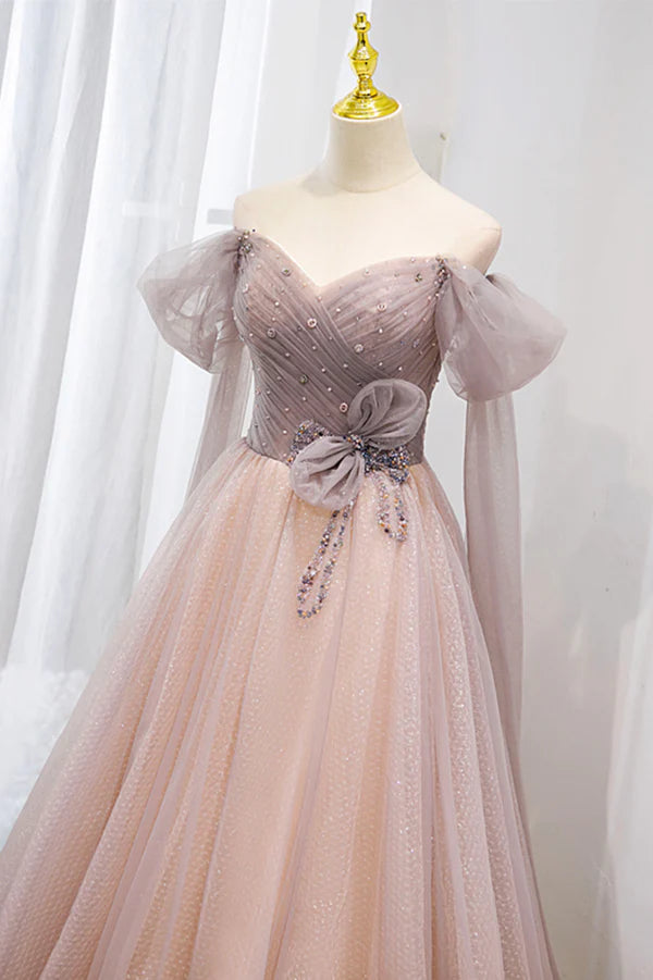 Wholesale Pink Tulle Off the Shoulder Prom Dress with Beaded A-Line Formal Evening Dress